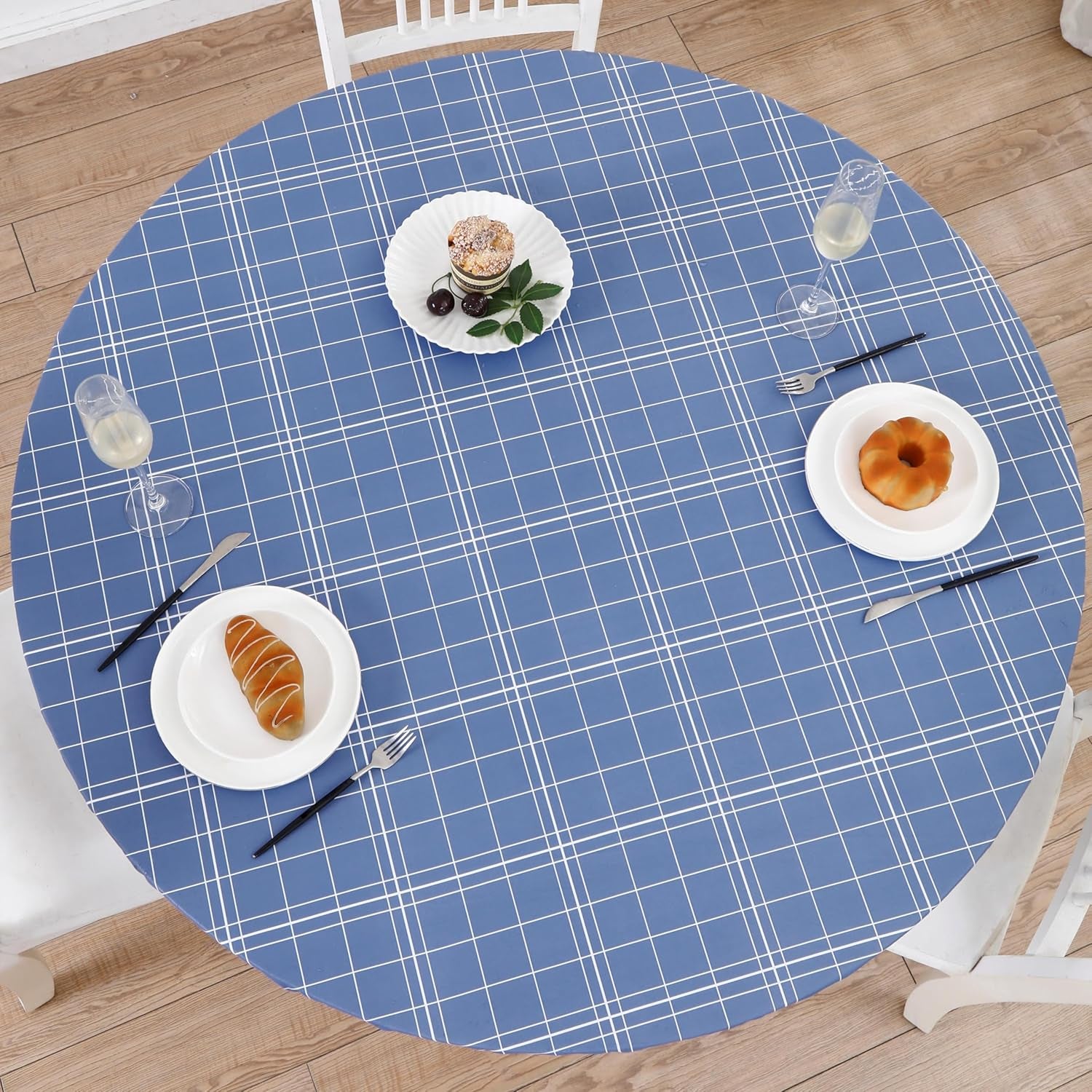 Round Vinyl Fitted Tablecloth with Flannel Backing Elastic Edge Design Table Cover Waterproof Oil-Proof PVC Table Cloth Stain-Resistant Best for 32"-36" Round