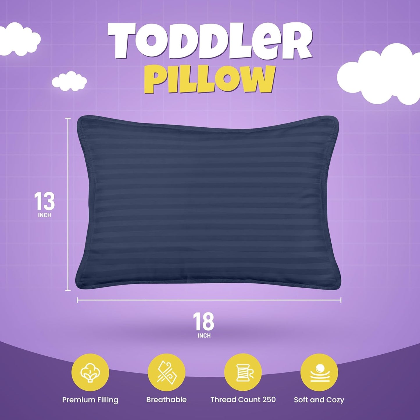 Toddler Pillow (Navy, 2 Pack), 13X18 Pillows for Sleeping, Soft and Breathable Cotton Blend Shell, Small Kids Pillow Perfect for Toddler Bed and Travel (Intended for Age 2 and Up)