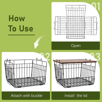 2 Pack Stackable Wire Basket with Wood Top,Pantry Organizer and Storage,Potato Basket Onion Storage for Kitchen Counter,Spice Organizer for Cabinet