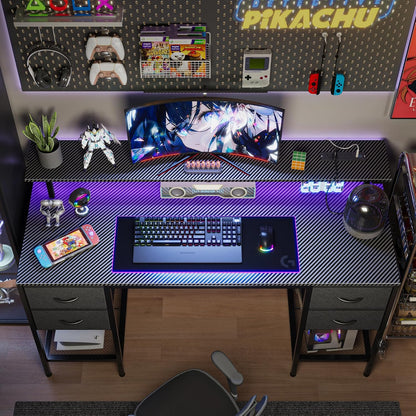 47-Inch Carbon Fibre Black Computer Desk with 4 Drawers, LED Lighting, and Power Outlets - Ideal for Home Office and Gaming with Ample Storage Space