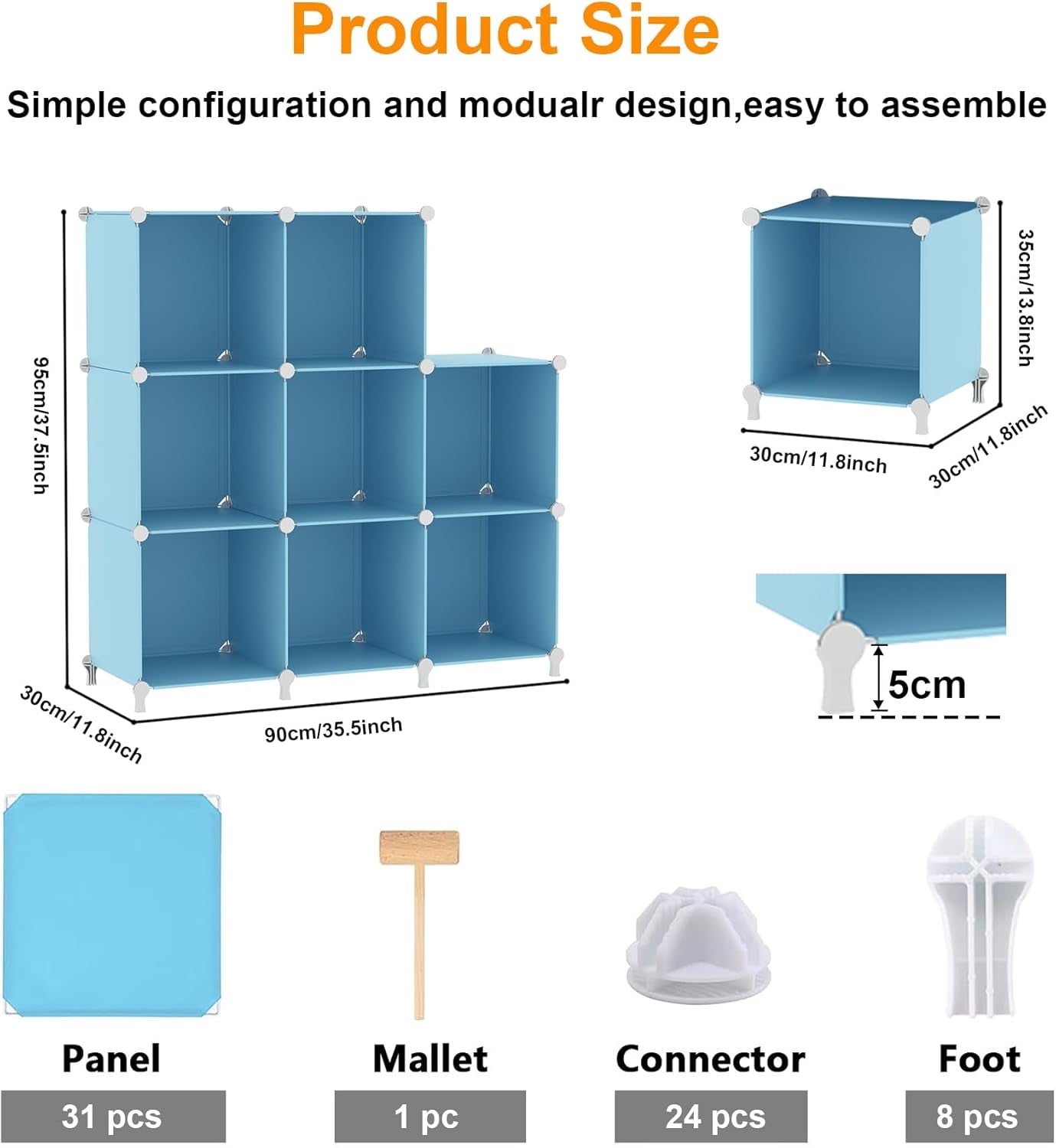8 Cube Storage Organizer, Closet Organizer Storage Shelf, Bookcase Bookshelf, DIY Stackable Storage Cubes Shelves for Closet, Bedroom, Home, Office, Blue