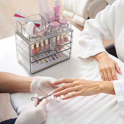 4-Tier Clear Makeup Organizer with Drawer, Acrylic Cosmetic Display Case for Makeup Vanity Bathroom Counter Organizers and Storage, Stackable Vanity Organizer for Brushes Lipsticks Skincare