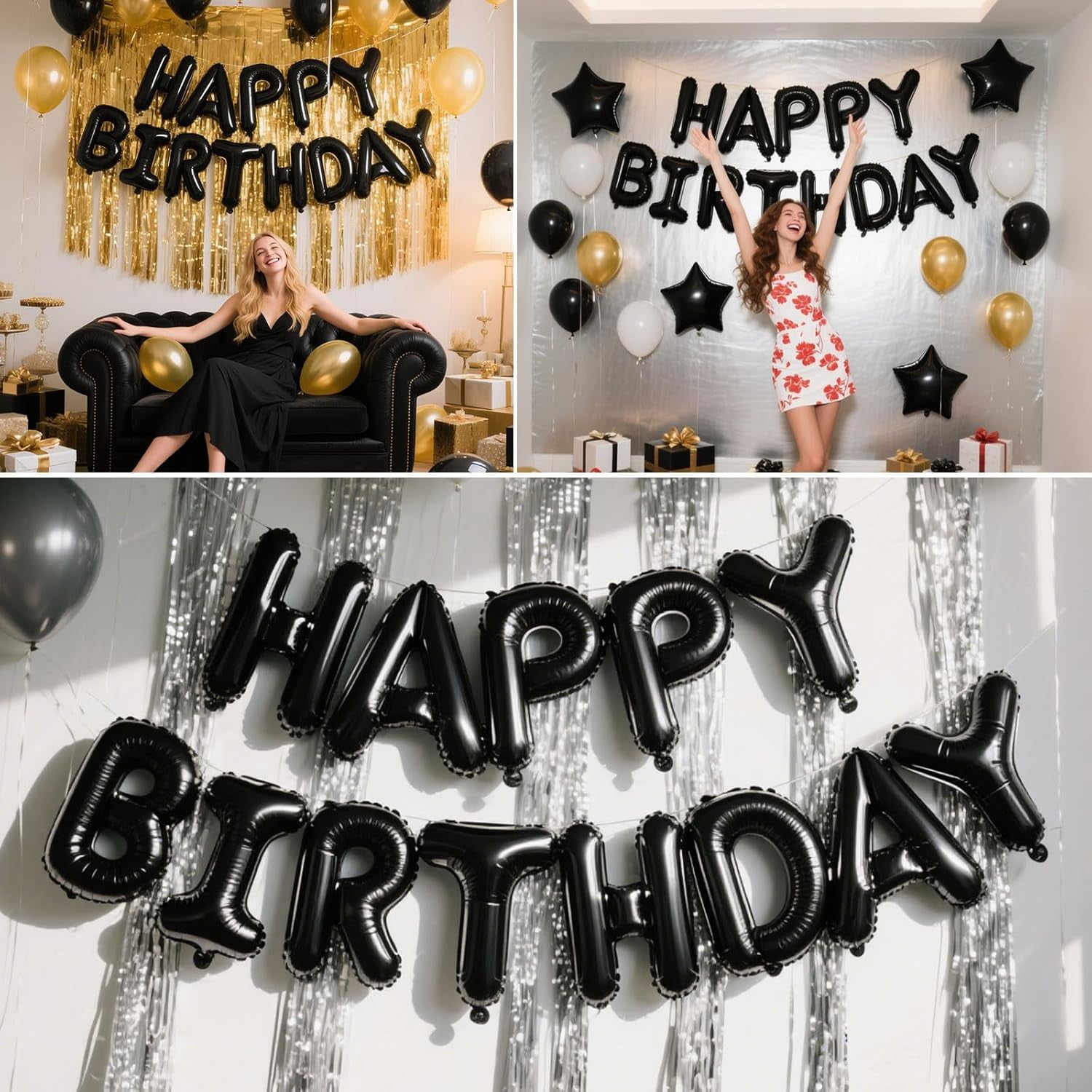 Happy Birthday Banner Black Balloons for Happy Birthday Decorations 13Pcs Mylar Foil Letters Birthday Sign Banner Party Decorations for Men, Women, Boys and Girls