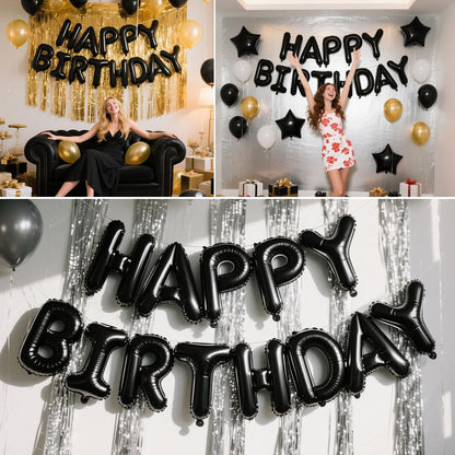 Happy Birthday Banner Black Balloons for Happy Birthday Decorations 13Pcs Mylar Foil Letters Birthday Sign Banner Party Decorations for Men, Women, Boys and Girls
