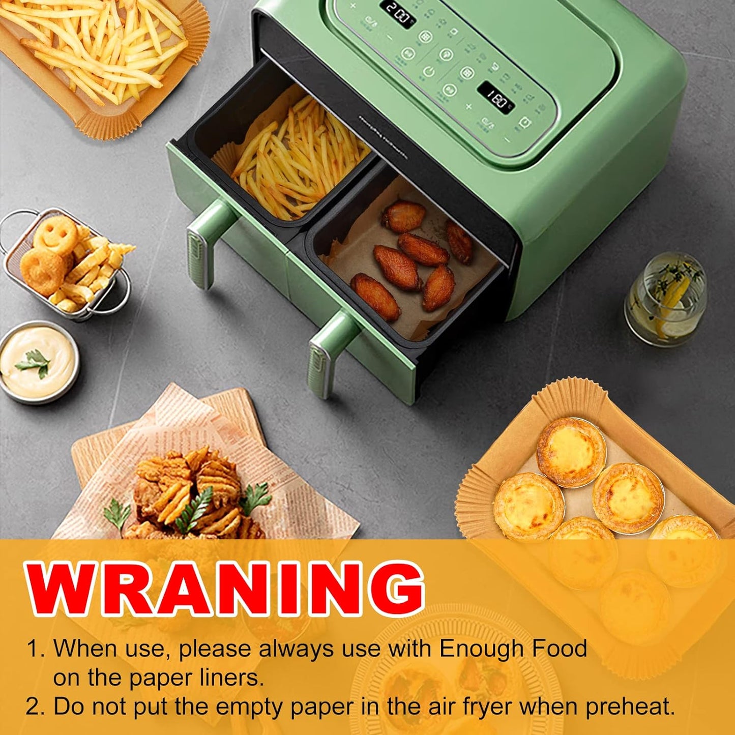 Air Fryer Paper Liners Disposable: 125Pcs 8X5.5" Rectangle Parchment Paper Sheets, Non-Stick Food Grade Baking Liners for Rectangular Air Fryer Dual Basket Oilproof Waterproof