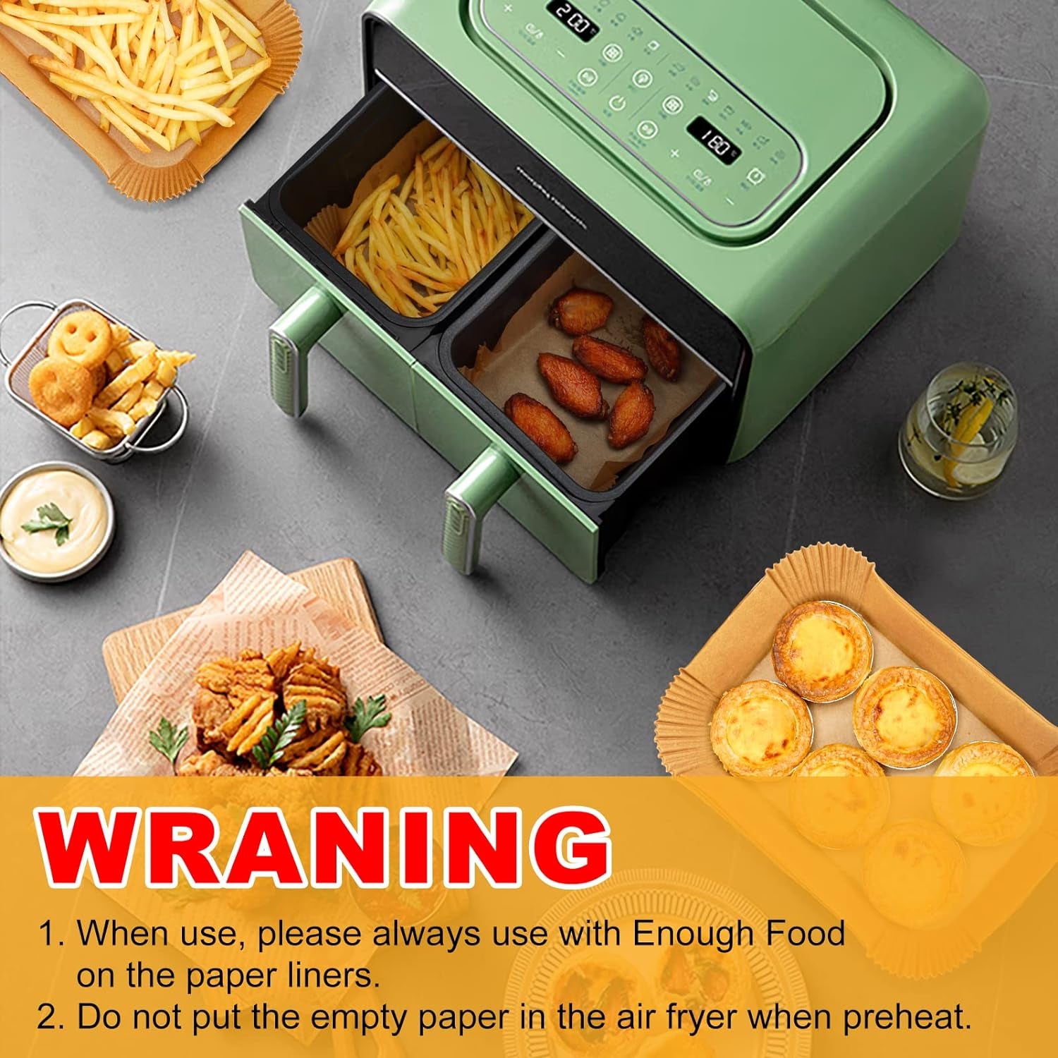 Air Fryer Paper Liners Disposable: 125Pcs 8X5.5" Rectangle Parchment Paper Sheets, Non-Stick Food Grade Baking Liners for Rectangular Air Fryer Dual Basket Oilproof Waterproof