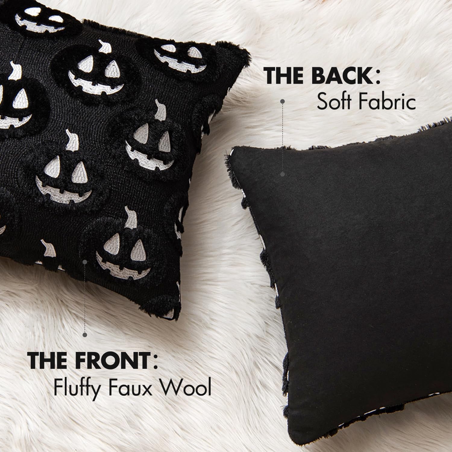 Fall Halloween Throw Pillow Covers 18X18 Decorative Pumpkin Pattern Pillowcases Soft Plush Faux Wool Cushions for Home Patio Sofa Couch,Black