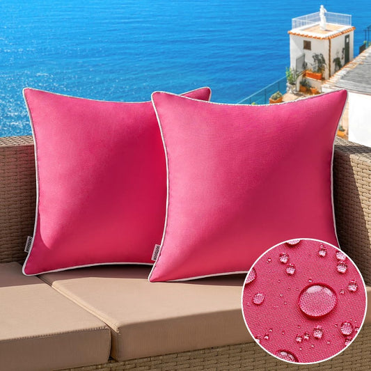 Set of 2 Outdoor Waterproof Decorative Pillow Covers - Solid Color Farmhouse Style for Patio, Tent, Bed, and Sofa - 18x18 Inch Hot Pink