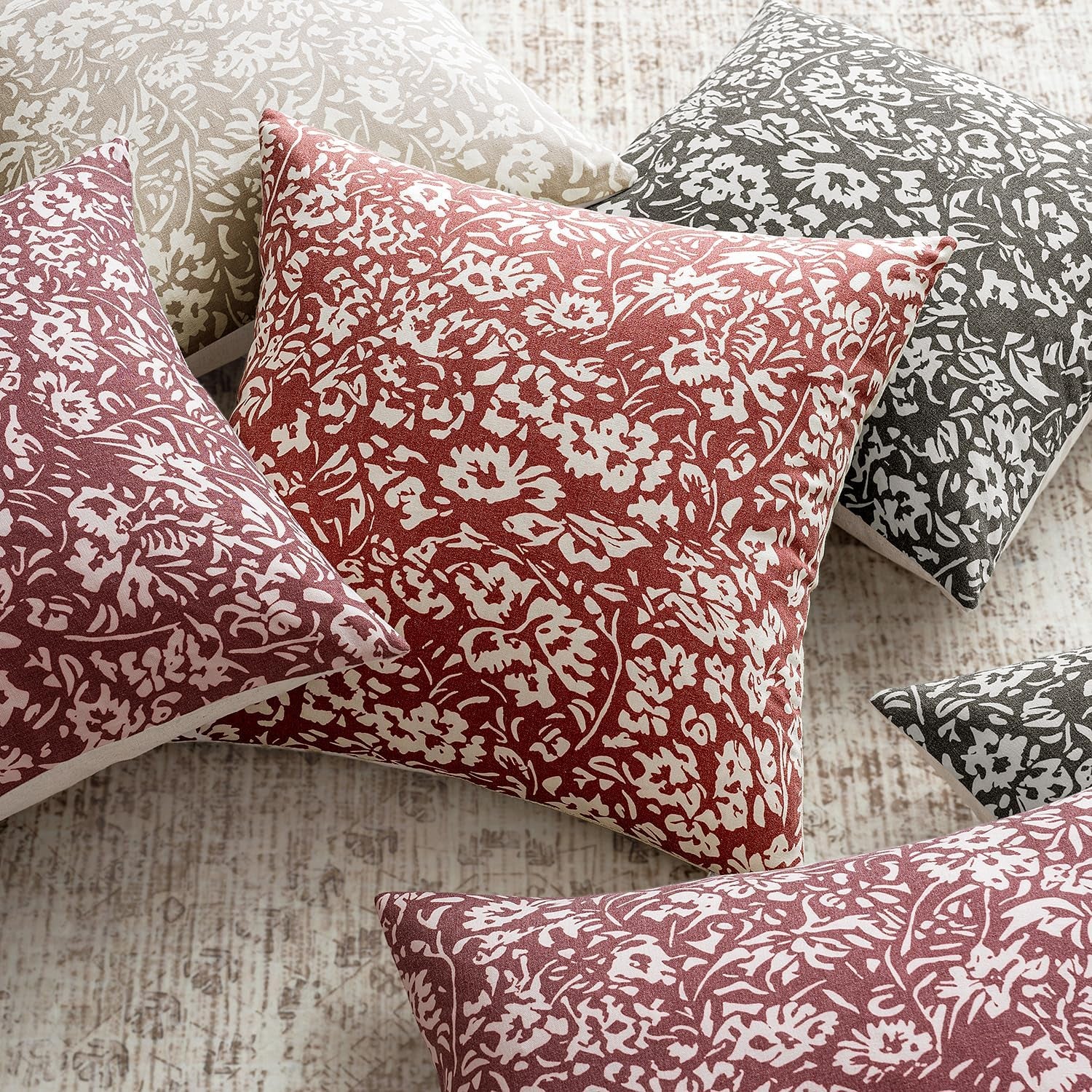 Floral Pillow Covers 18X18 Set of 2, Neutral Linen Decorative Throw Pillow Covers for Sofa Couch Outdoor Living Room, Farmhouse Cushion Covers, Red