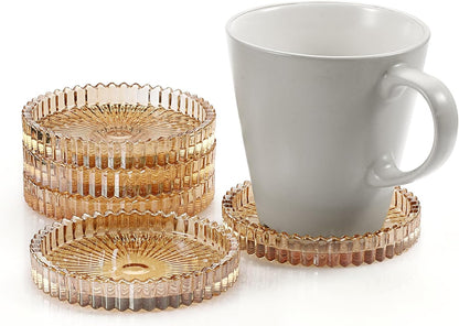 Modern Amber Glass Coaster Set of 5 - Elegant Round Coasters for Drinks, Ideal for Coffee Tables, Offices, Kitchens, Bars, Dining Rooms, Living Rooms, and Patios