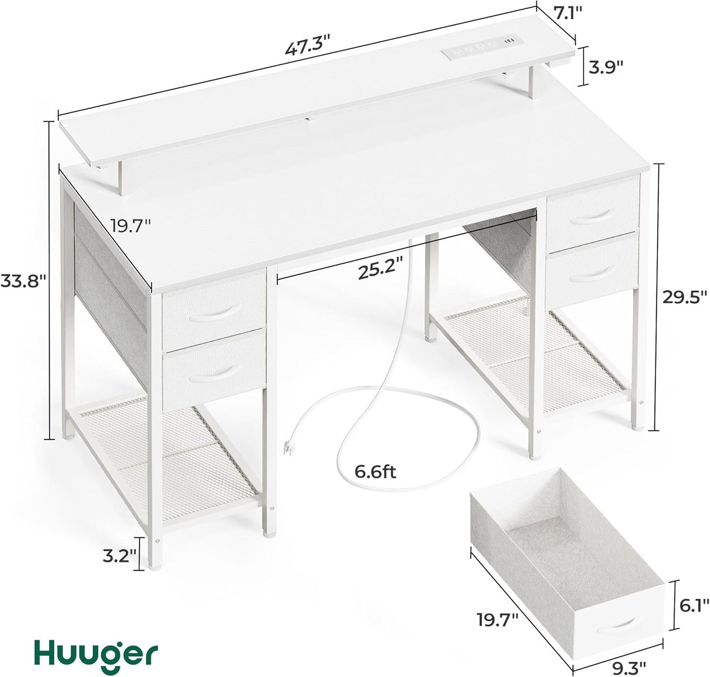 47-Inch Computer Desk with Four Drawers, LED Lighting, and Power Outlets - Spacious Home Office and Gaming Desk in White