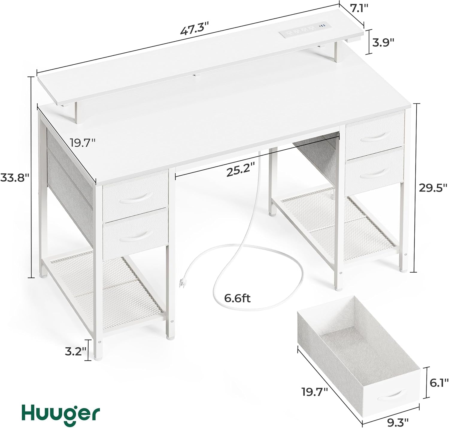 47-Inch Computer Desk with Four Drawers, LED Lighting, and Power Outlets - Spacious Home Office and Gaming Desk in White