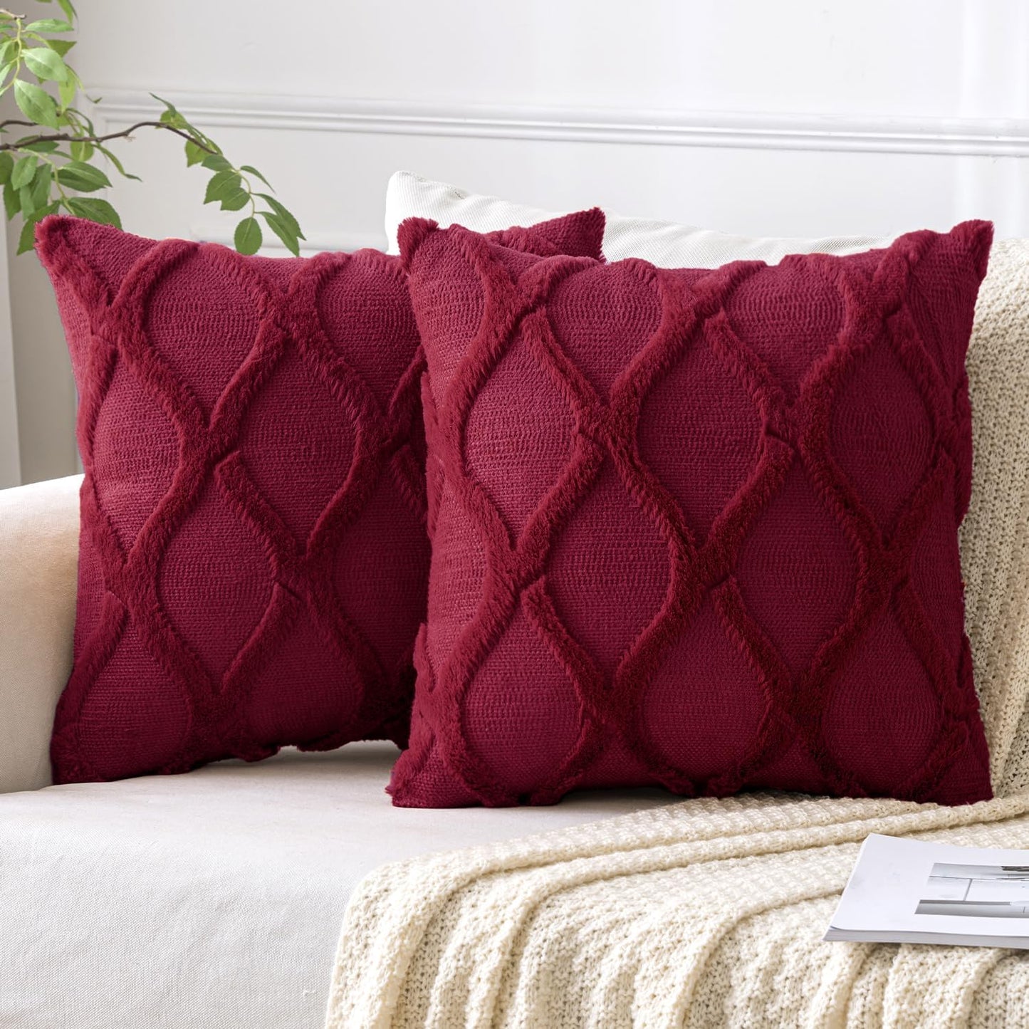 Christmas Decorative Throw Pillow Covers Burgundy 18X18 Inch Set of 2, Winter Soft Plush Faux Wool Couch Cushion Covers Farmhouse Throw Pillows for Couch Bed Sofa Living Room
