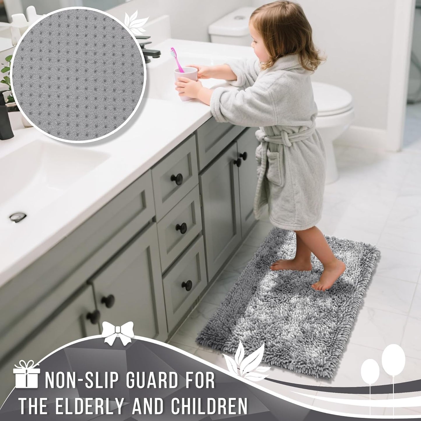 Chenille Bathroom Rugs Non Slip, Extra Thick Soft Absorbent Bath Rug 24X17 Inch, Machine Washable Quick Dry Bath Mat for Bathroom Floor, Tub and Shower, Home Decor Accessories, Light Grey