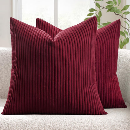 Winter Pack of 2 Corduroy Soft Soild Decorative Square Christmas Throw Pillow Covers Cushion Cases Pillow Cases for Couch Sofa Bedroom Car 18 X 18 Inch 45 X 45 Cm Burgundy