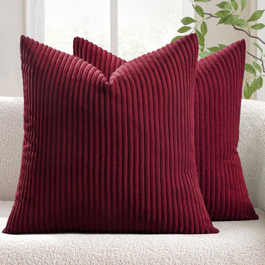 Winter Pack of 2 Corduroy Soft Soild Decorative Square Christmas Throw Pillow Covers Cushion Cases Pillow Cases for Couch Sofa Bedroom Car 18 X 18 Inch 45 X 45 Cm Burgundy