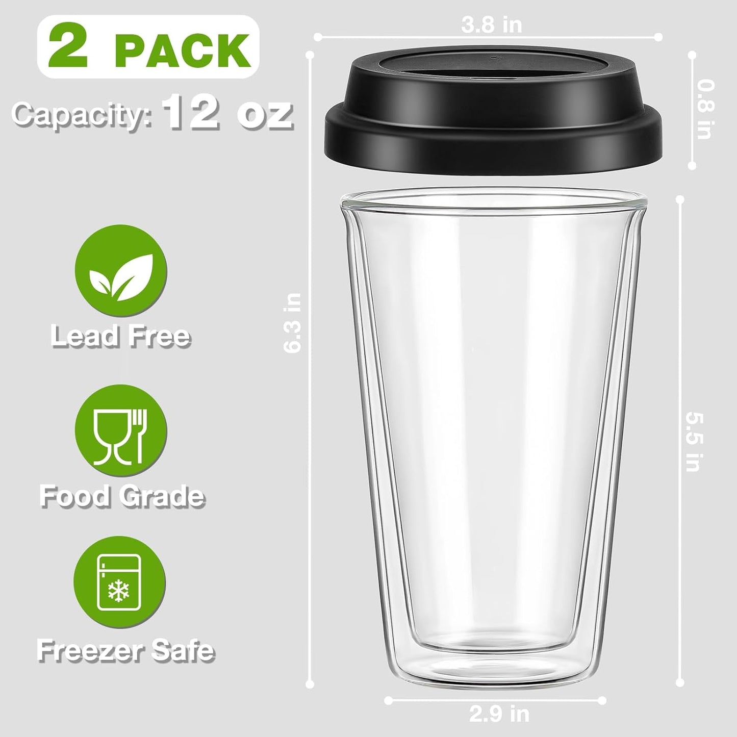 2 Packs Double Walled Glass Coffee Mugs with Silicone Lids, 12 OZ Reusable Glass Coffee Cups, Insulated Coffee Mugs, Cappuccino,Tea,Latte,Iced Coffee Cups, Glass Travel Mug, Heat Resistant