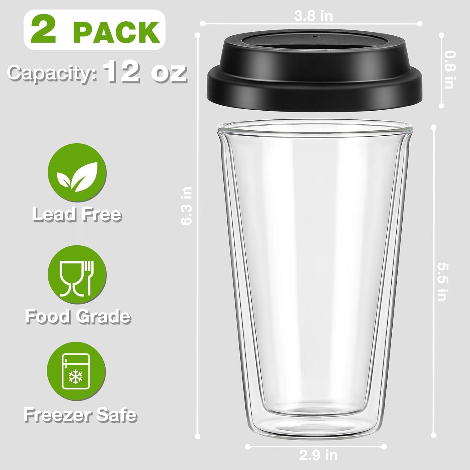 2 Packs Double Walled Glass Coffee Mugs with Silicone Lids, 12 OZ Reusable Glass Coffee Cups, Insulated Coffee Mugs, Cappuccino,Tea,Latte,Iced Coffee Cups, Glass Travel Mug, Heat Resistant