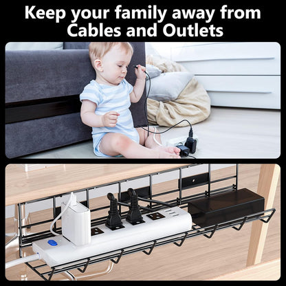 2 Pack  under Desk Cable Management Tray, Metal Cord Cable Organizer for Desk, Easy Install Pre-Drilled Wire Management Wire Organizer for Office & Home