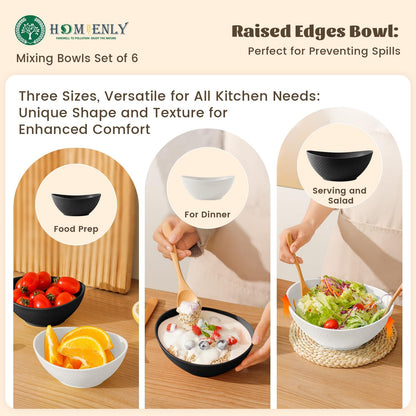 Wheat Straw Mixing Bowls Set - 6 Piece, Three Sizes (60 OZ, 26 OZ, 10 OZ), Microwave and Dishwasher Safe, Ideal for Salad, Snacks, and Cereal (Panda Color)