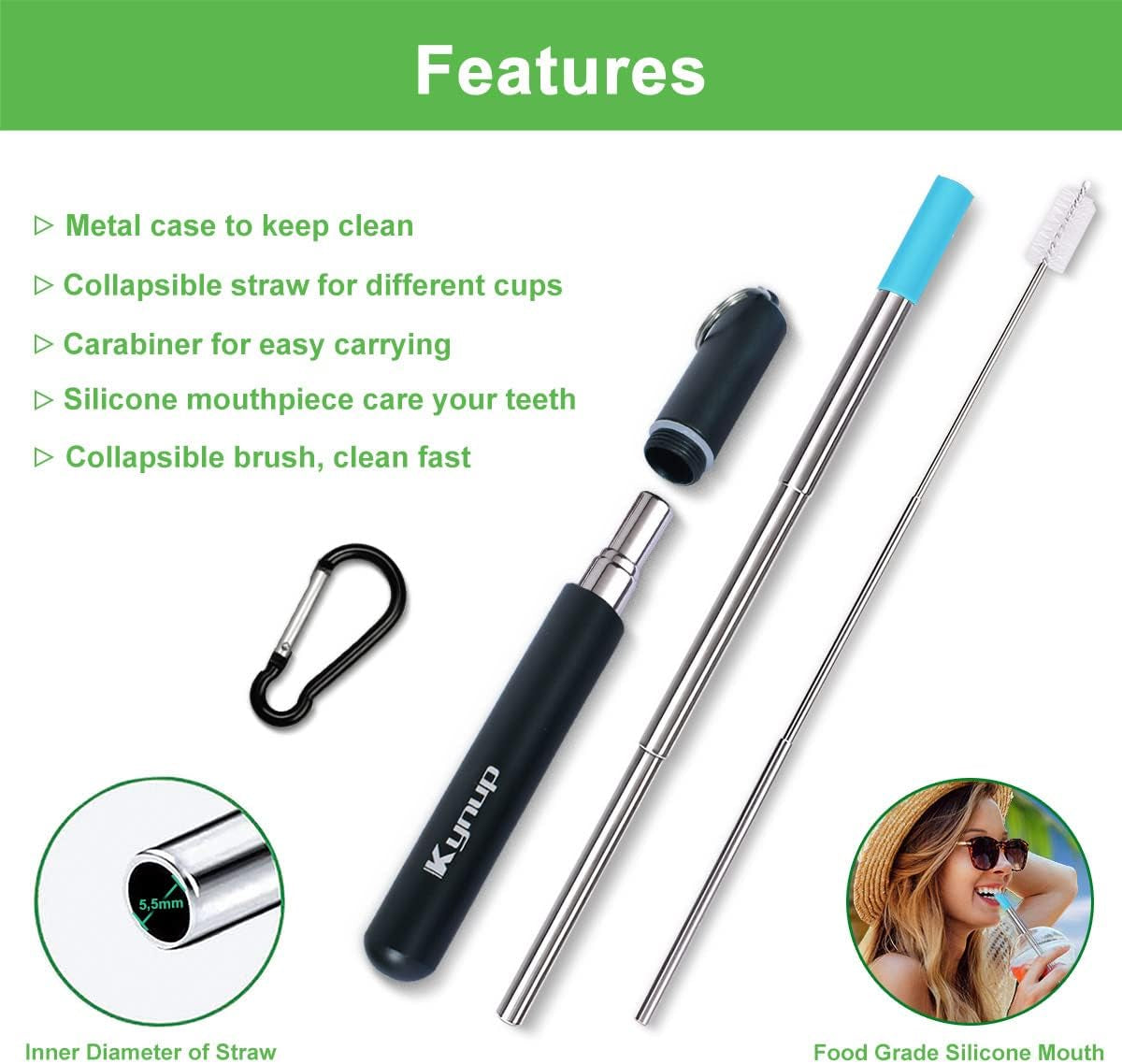 4Packs Reusable Straws, Metal Straw with Silicon, Travel Drinking Straws with Case, Keychain, Cleaning Brushes, Silicon Pcs Perfect for Travel, Gifts (20 PCS) Blue-Black-Rose Gold-Silver