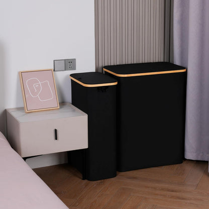 Slim Laundry Basket with Lid, Narrow Laundry Hamper with Removable Bag, Skinny Dirty Clothes Basket with Bamboo Handles for Bathroom, Bedroom & Laundry Room, 75L Black