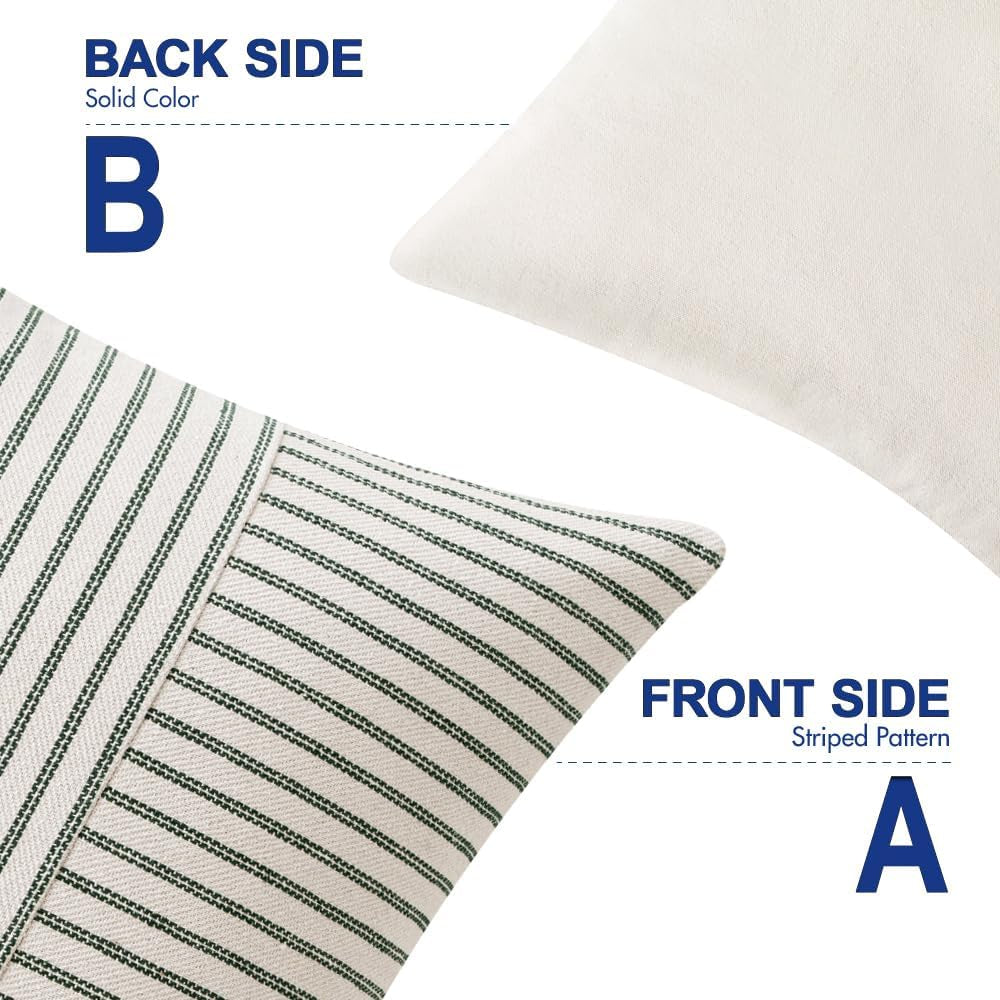 Dark Green Patchwork Farmhouse Pillow Covers 18X18 Inch, Pack of 2 Striped Linen Decorative Modern Accent Pillow Cases for Sofa Couch Bedroom