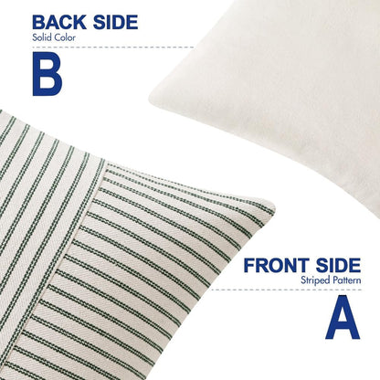 Dark Green Patchwork Farmhouse Pillow Covers 18X18 Inch, Pack of 2 Striped Linen Decorative Modern Accent Pillow Cases for Sofa Couch Bedroom