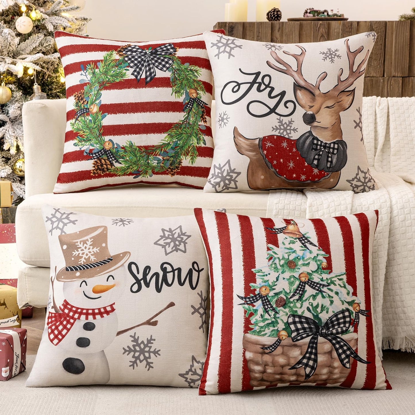 Set of 4 Holiday Red Decorative Pillow Covers 16X16 Inch Snowman Elk Merry Christmas Throw Pillow Cases Winter Seasonal Cushion Cases Home Decors for Sofa Couch Bedroom