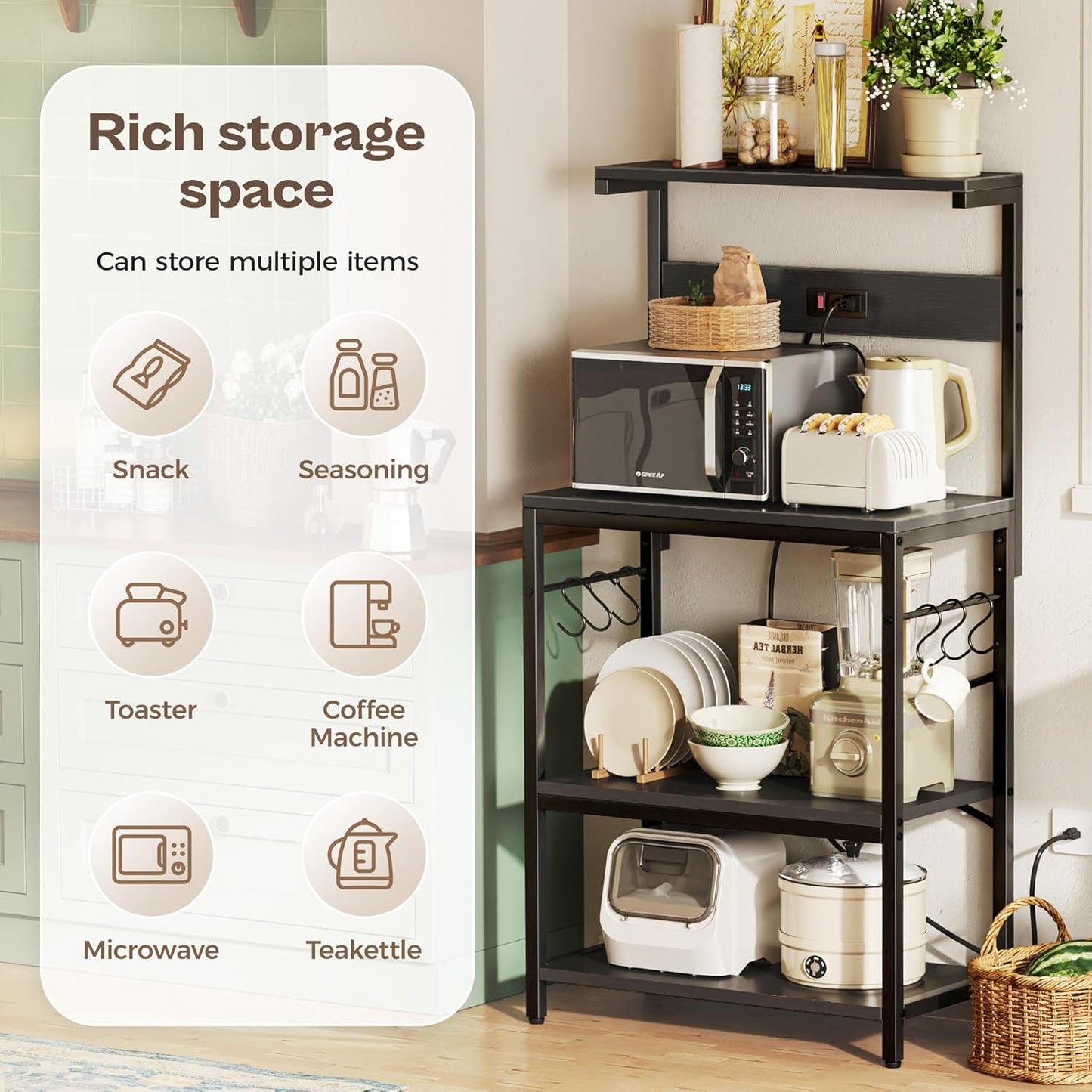 Professional Kitchen Bakers Rack with Power Outlet, Multi-Tier Coffee Bar Table, Microwave Stand with S-Shaped Hooks, and Storage Shelf for Spices, Pots, and Pans - Black