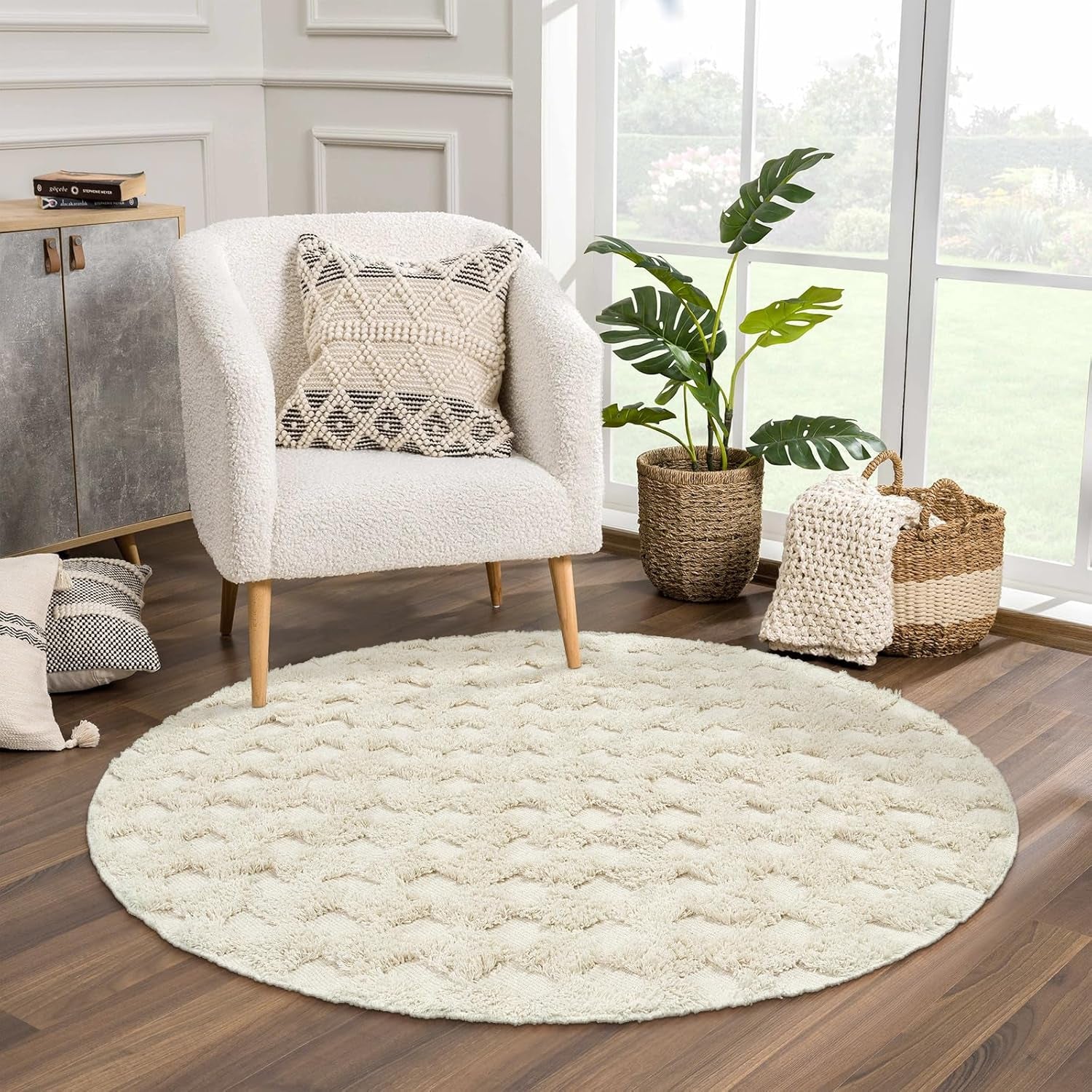 Checkered Boho round Rug 3Ft, Small Beige Circle Bathroom Nursery Rug Cotton Indoor Bath Door Mat with Tufted, Farmhouse Checkerboard Washable Cream Carpet for Dorm Entryway Room Decor