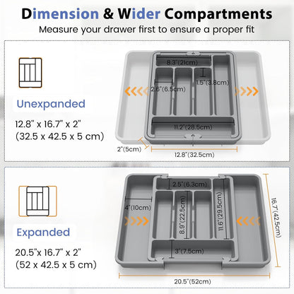 Expandable Large Silverware Organizer for Kitchen Drawers - BPA-Free Thick Plastic with Wider Compartments and Non-Skid Feet (Medium Gray)