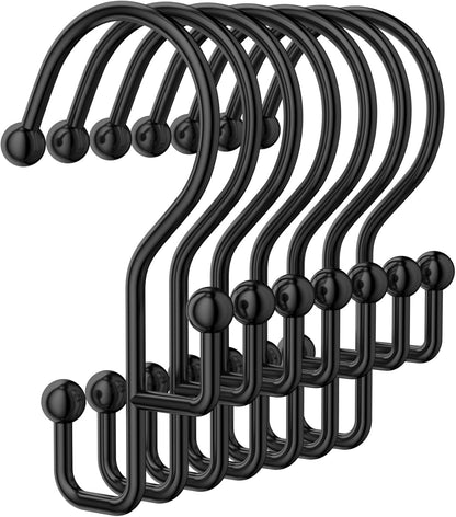 Shower Curtain Hooks, Black Shower Curtain Hooks Rust Proof, Anti-Drop Metal Shower Curtain Rings Hooks, Double Shower Hooks for Shower Curtain, Shower Rings for Curtain & Liner, Black-12 Pcs