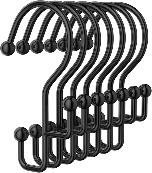 Shower Curtain Hooks, Black Shower Curtain Hooks Rust Proof, Anti-Drop Metal Shower Curtain Rings Hooks, Double Shower Hooks for Shower Curtain, Shower Rings for Curtain & Liner, Black-12 Pcs