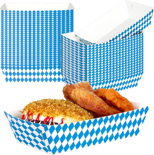 50 PCS Oktoberfest Decorations, Disposable Oktoberfest Paper Food Trays, Fold-To-Assemble Beer Festival Blue White Decoration, Oktoberfest Snacks Take Out Food Serving Trays for German Party Supplies