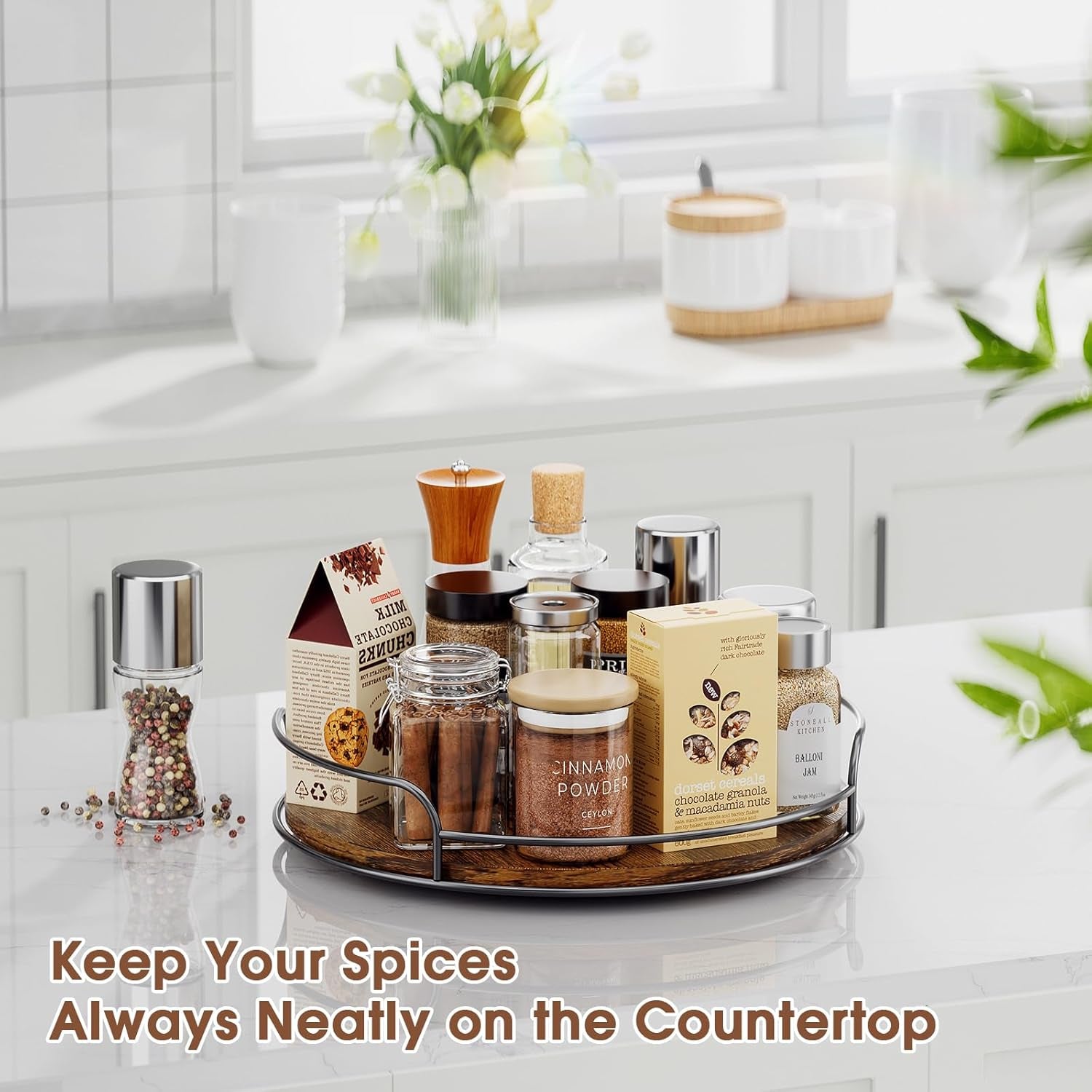 Lazy Susan Organizer, 9'' Lazy Susan Turntable for Cabinet, Table Top, Kitchen, Countertop, Bathroom, Pantry, Spice Organization, Wooden,1 Pack