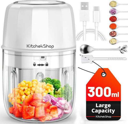 Electric Garlic Chopper, 300ML Portable Cordless Mini Food Processor, Rechargeable Vegetable Chopper Blender for Nuts Chili Onion Minced Meat and Spices Bpa-Free(White)