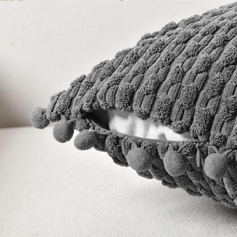 Set of 2 Dark Gray Decorative Throw Pillow Covers 18X18 Inch with Pom-Poms for Couch Bedroom Living Room, Modern Farmhouse Boho Home Decor, Soft Plush Corduroy Cute Cushion Case 45X45 Cm