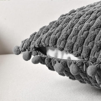 Set of 2 Dark Gray Decorative Throw Pillow Covers 18X18 Inch with Pom-Poms for Couch Bedroom Living Room, Modern Farmhouse Boho Home Decor, Soft Plush Corduroy Cute Cushion Case 45X45 Cm