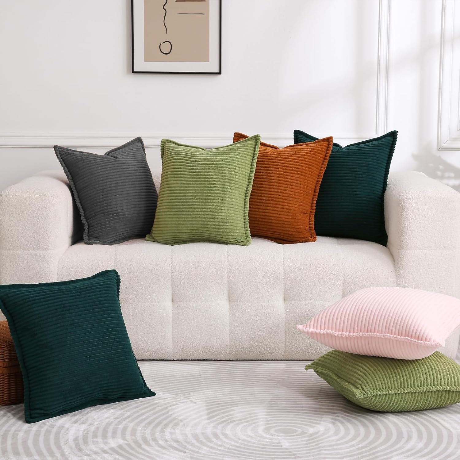 Corduroy Dark Grey Throw Pillow Covers Set of 2 Striped Boho Decorative with Edge Design,Super Soft Throw Pillow Cushion Covers for Couch Sofa Living Room Solid Square 18×18Inch/45Cm×45Cm