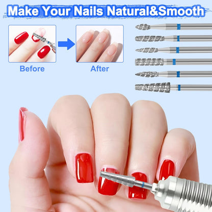 6 Pack Nail Drill Bits for Acrylic Nails, Diamond Carbide Nail Clipper Heads with Diamond Spiral Grooves, 3/32 Inch Cutter Attachment for Nail Preparation, Cuticle and Dead Skin Removal-Blue