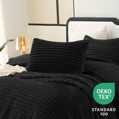 Fluffy Queen Comforter Set - Super Soft Faux Fur Black Comforter Queen Size, Winter Warm Fleece Bedding Set, 3 Pieces Plush Fuzzy Bed Set (1 Shaggy Comforter, 2 Pillowcases)