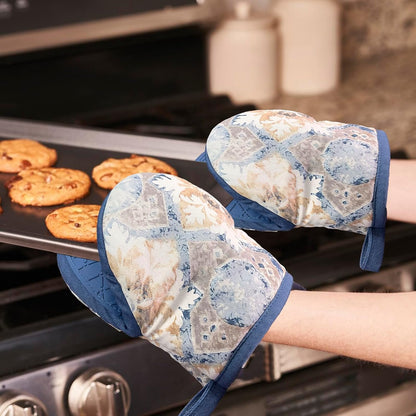 Mini Silicone Oven Mitts, Heat and Slip Resistant Kitchen Mittens 2-Pack Set, Vintage Carpet Flower Short Soft Oven Gloves, Flexible Thick Pot Holders for Safe Cooking Baking and (Dusty Blue)