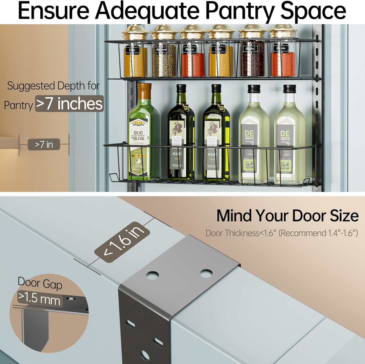 Adjustable Cabinet Door Organizer, 6-Tier Hanging Spice Rack Organizer, Metal over the Door Pantry Organizer, Pantry Organizers and Storage Shelves for Kitchen Bathroom Laundry Room, Black