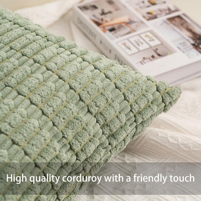 Pack of 2 Corduroy Decorative Throw Pillow Covers 18X18 Inchsoft Boho Striped Pillow Covers Modern Farmhouse Home Decor for Sofa Living Room Couch Bed（Blackish Green）