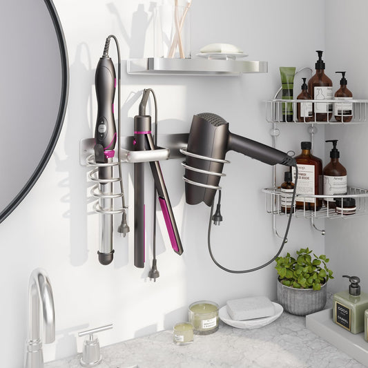 3-in-1 Wall-Mounted Hair Tool Organizer for Blow Dryer, Flat Iron, and Curling Iron - Silver Finish