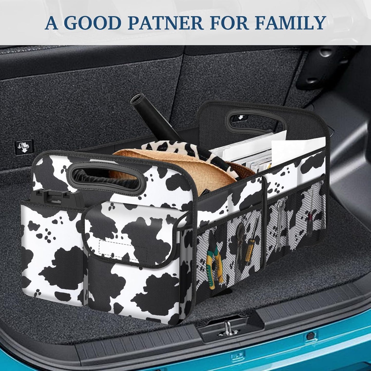 Car Trunk Organizer, Cow Print, Vintage Style, 52L Capacity, 4 Compartments, Waterproof, Non-Slip, Collapsible, 22.5"D X 18"W X 10.8"H