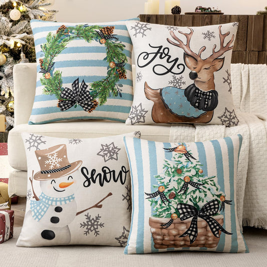 Set of 4 Holiday Blue Decorative Pillow Covers 16X16 Inch Snowman Elk Merry Christmas Throw Pillow Cases Winter Seasonal Cushion Cases Home Decors for Sofa Couch Bedroom