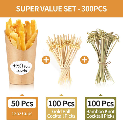 50 Charcuterie Cups with Sticks + 200 Cocktail Picks + 50 Labels, Disposable French Fry Holder with Bamboo Skewers Toothpicks, 12 Oz Brown Kraft Paper Appetizer Cups Charcuterie Boards Accessories