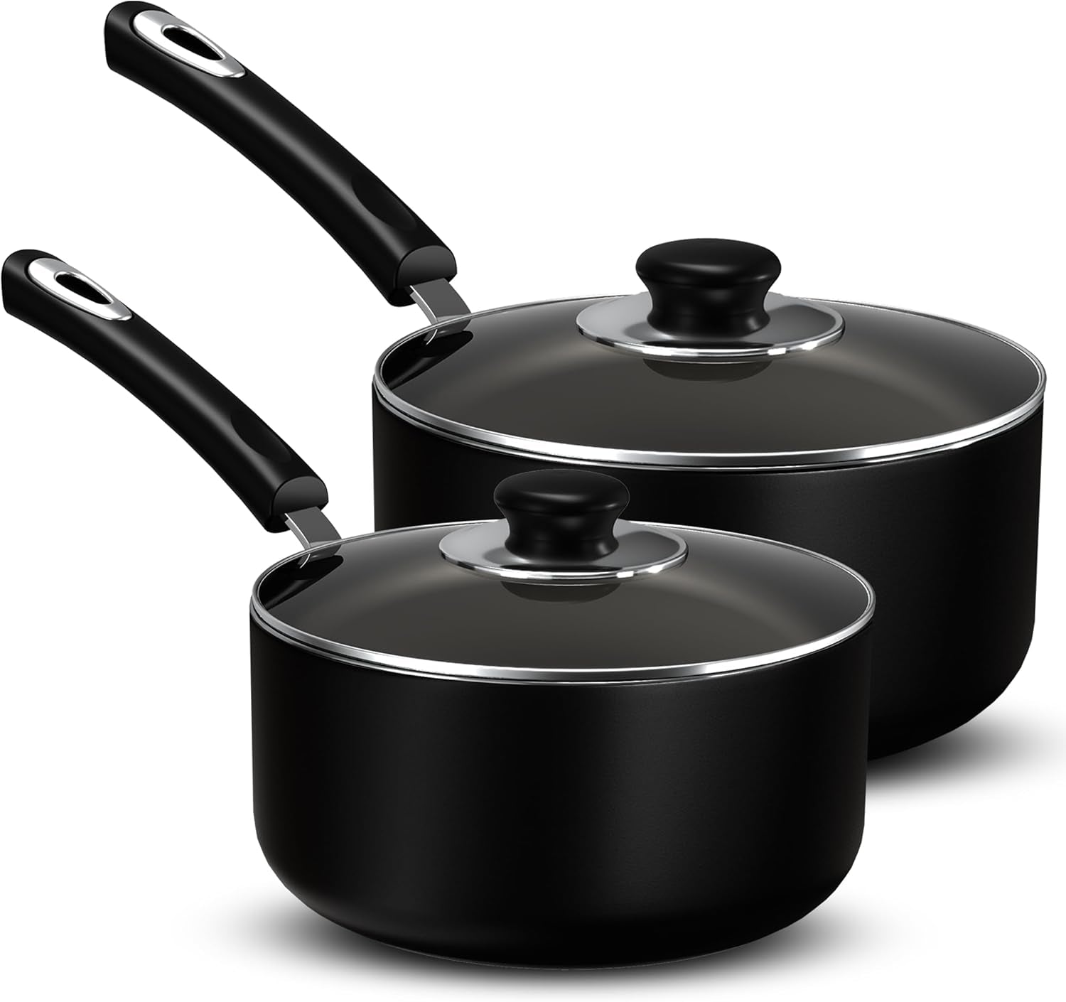 Nonstick Stock Pot Saucepan Set with Lids, 1 Quart and 2 Quarts Multipurpose Stock Pots Set for Home, Kitchen or Restaurant, Black